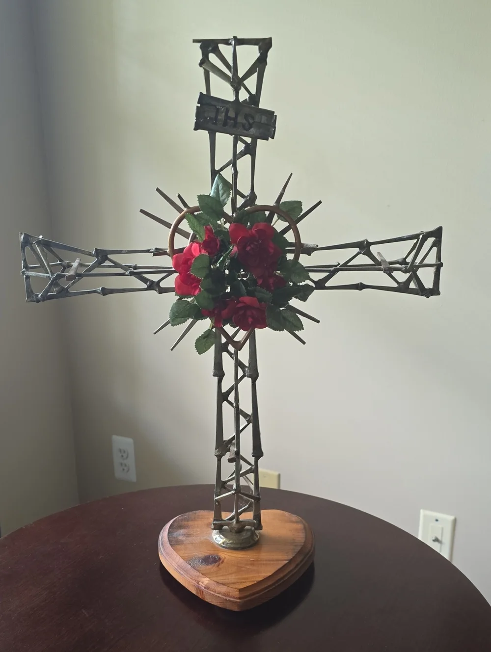 Artisan Brutalist Industrial folk art Nail Cross Rose Accent Wood Base Christian
